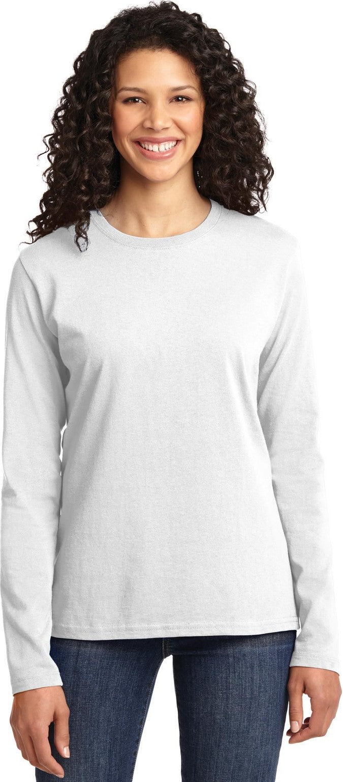 Front View of White Port & Co Women's Long Sleeve Core Cotton Tee. LPC54LS