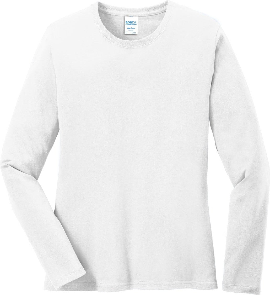Front View of White Port & Co Women's Long Sleeve Core Cotton Tee. LPC54LS