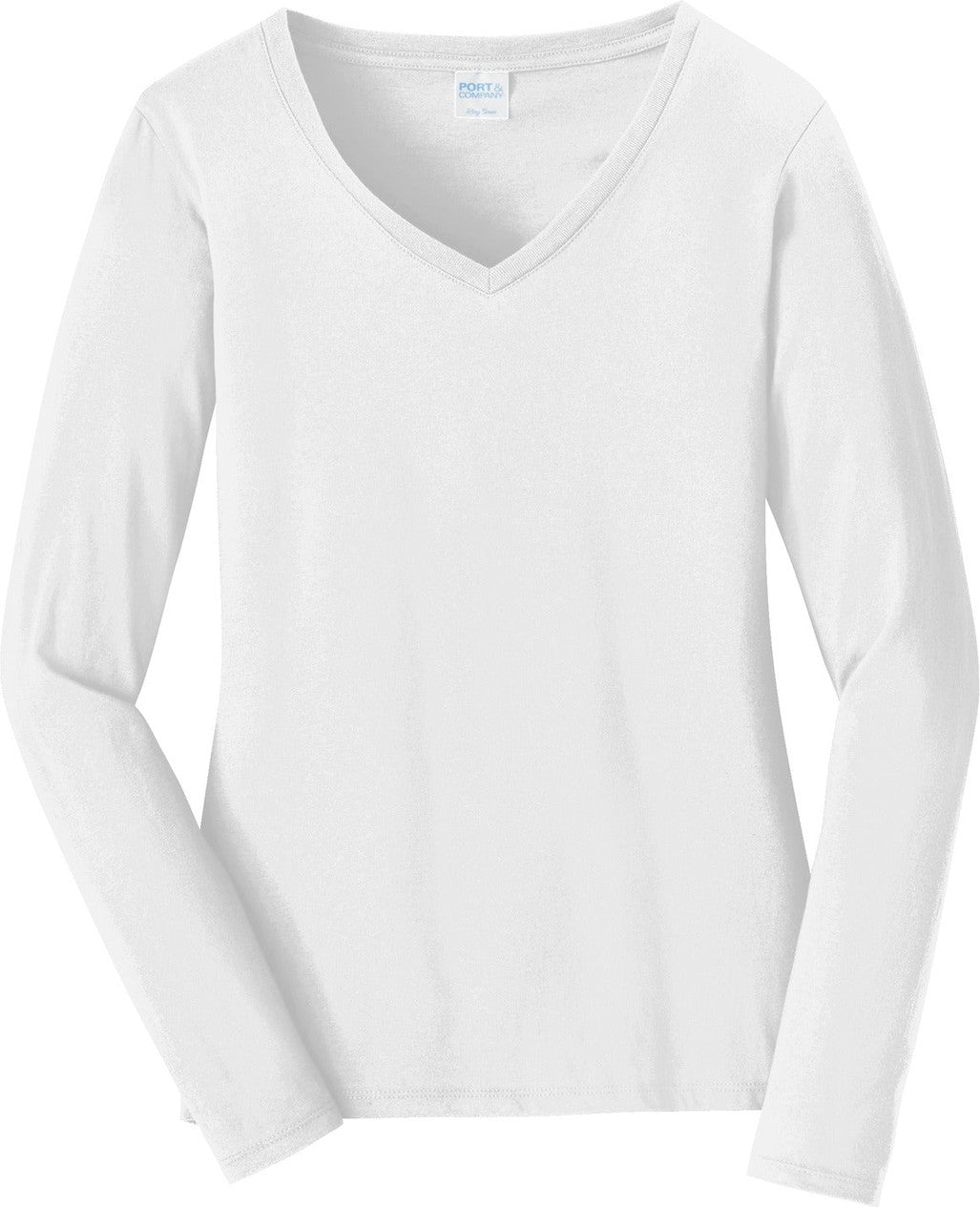 Front View of White Port & Co Women's Long Sleeve Fan Favorite V-Neck Tee. LPC450VLS