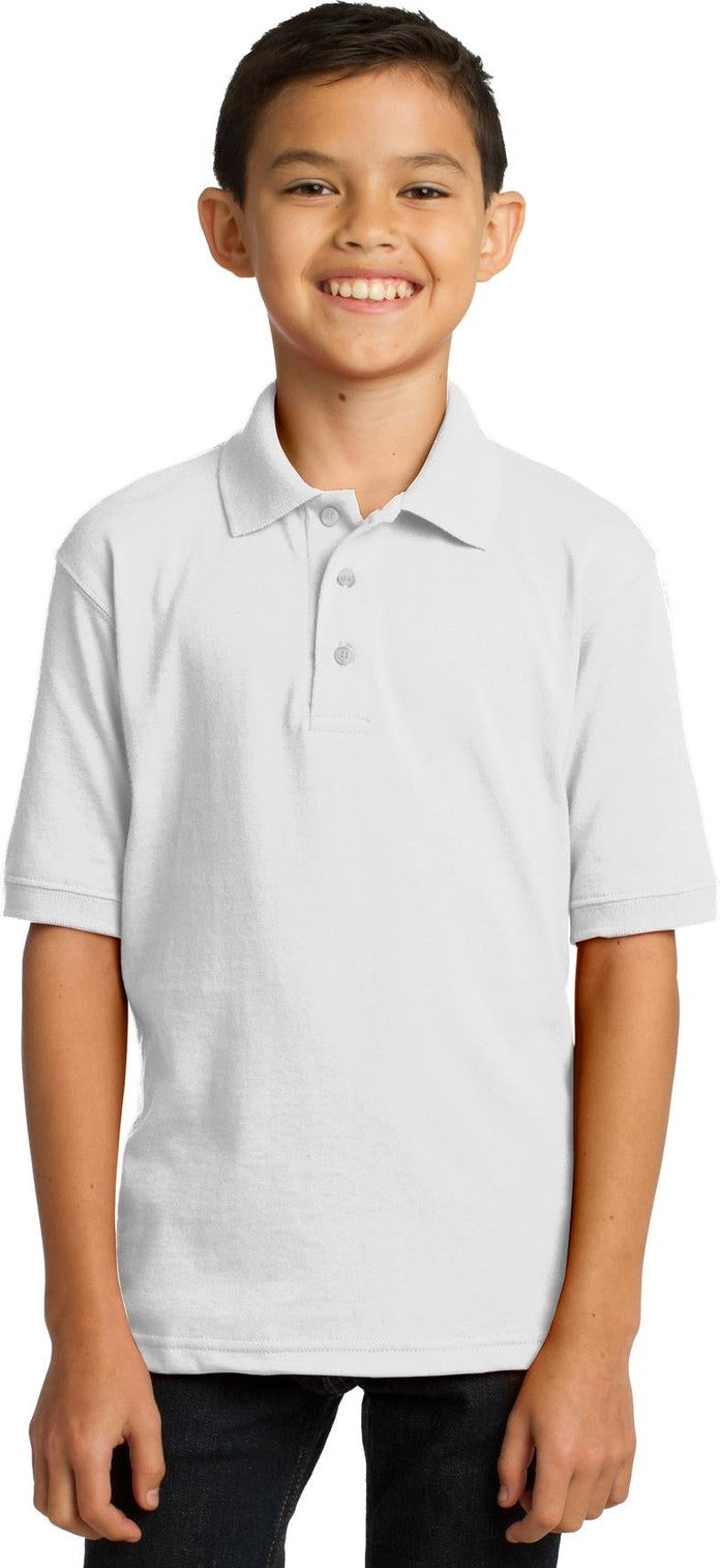 Front View of White Port & Co Youth Core Blend Jersey Knit Polo. KP55Y