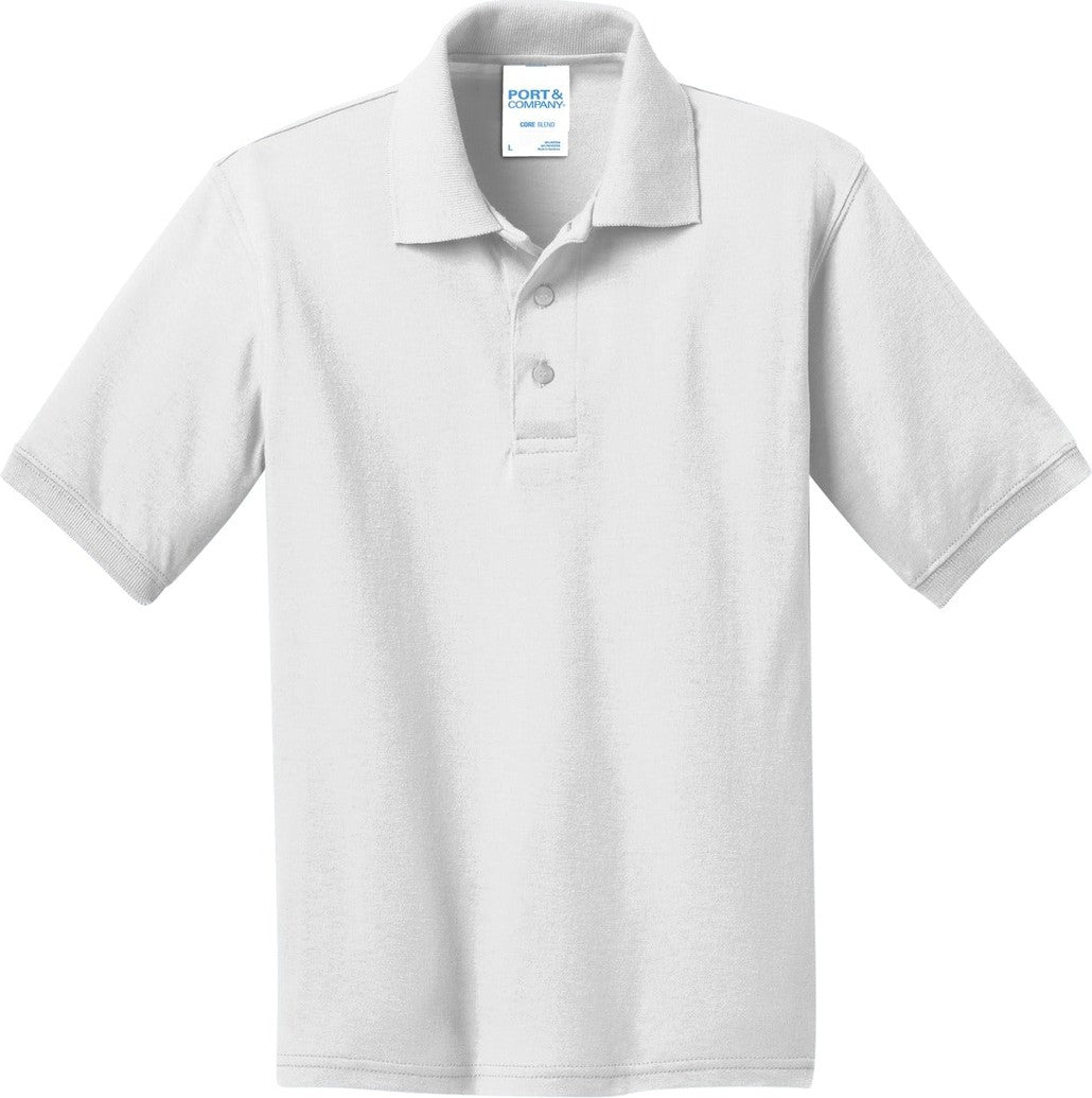 Front View of White Port & Co Youth Core Blend Jersey Knit Polo. KP55Y