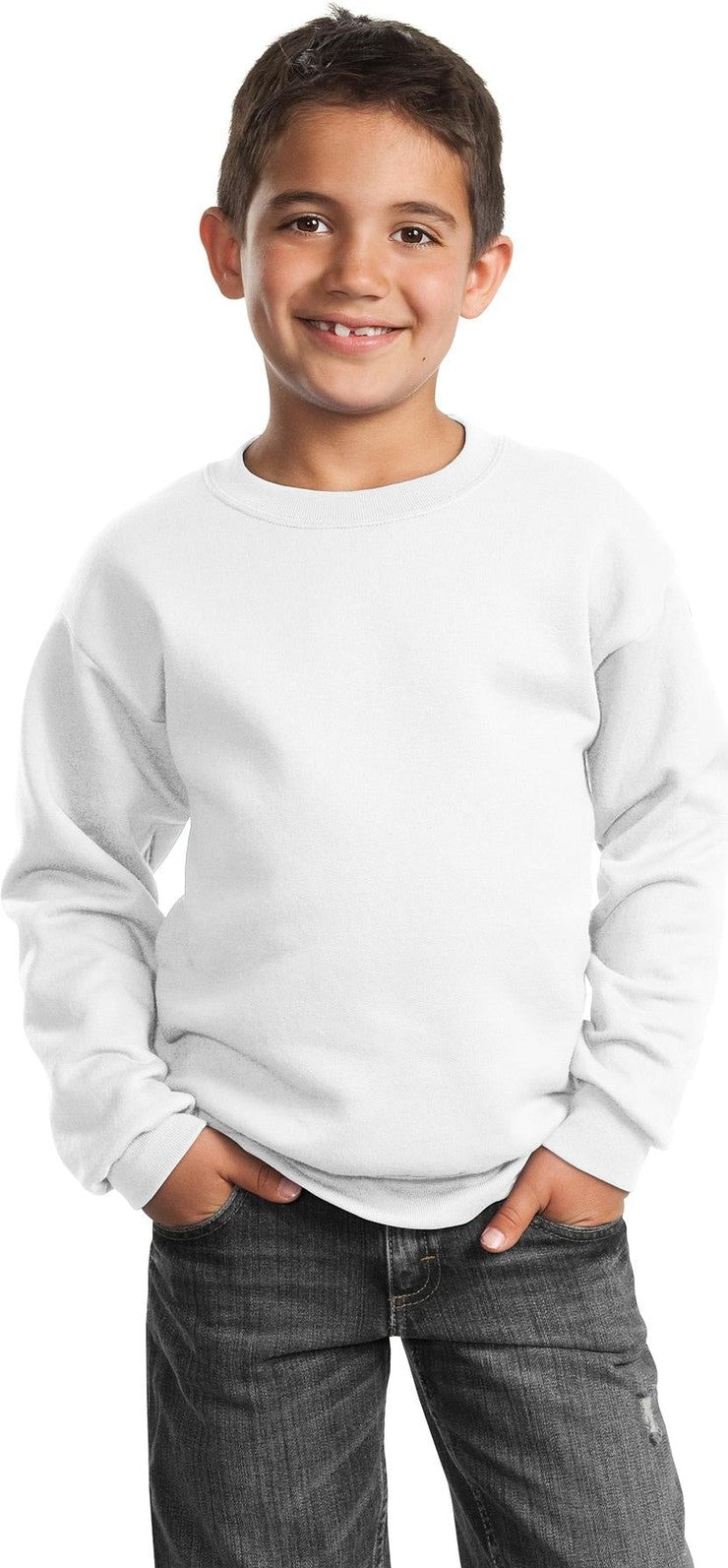 Front View of White Port & Co Youth Core Fleece Crewneck Sweatshirt. PC90Y