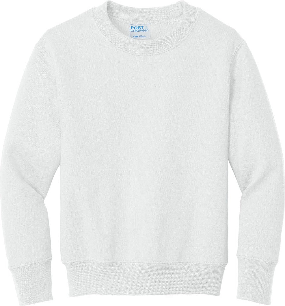 Front View of White Port & Co Youth Core Fleece Crewneck Sweatshirt. PC90Y