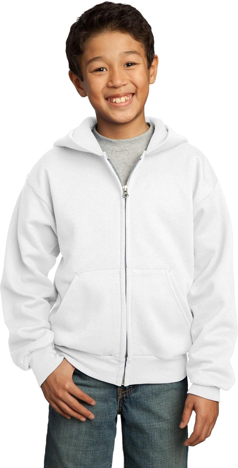 Front View of White Port & Co Youth Core Fleece Full-Zip Hooded Sweatshirt. PC90YZH