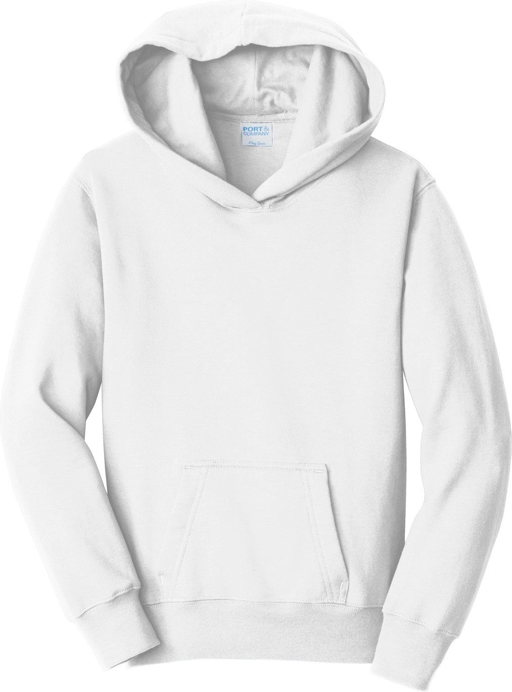Front View of White Port & Co Youth Fan Favorite Fleece Pullover Hooded Sweatshirt. PC850YH