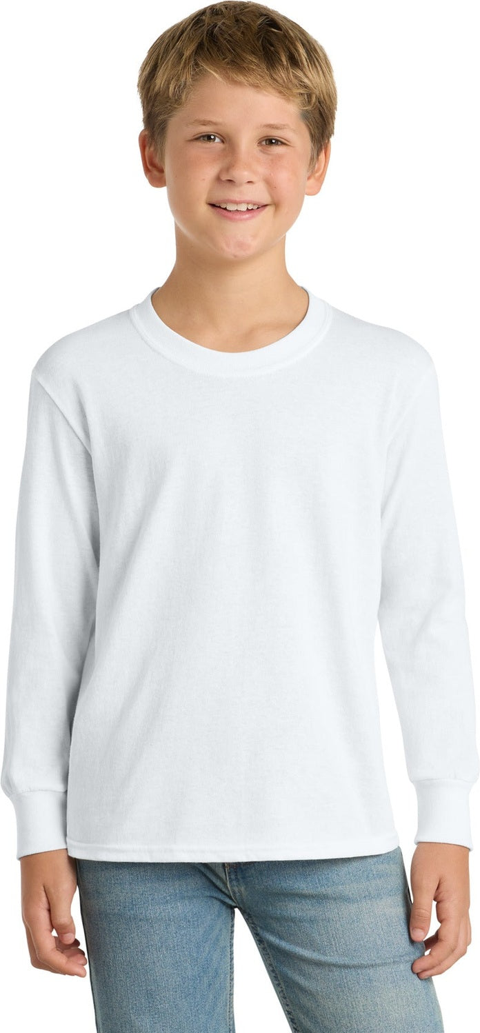 Front View of White Port & Co Youth Long Sleeve Core Cotton Tee. PC54YLS