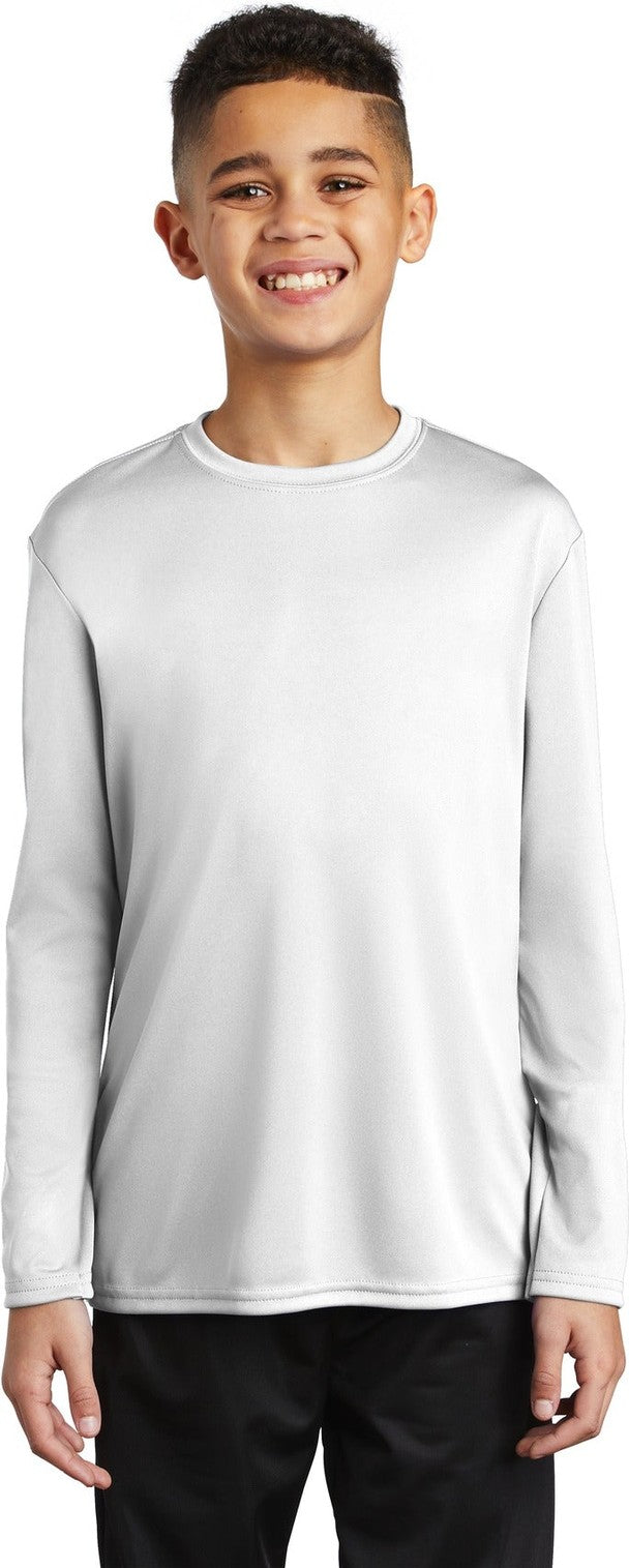 Front View of White Port & Co Youth Long Sleeve Performance Tee PC380YLS