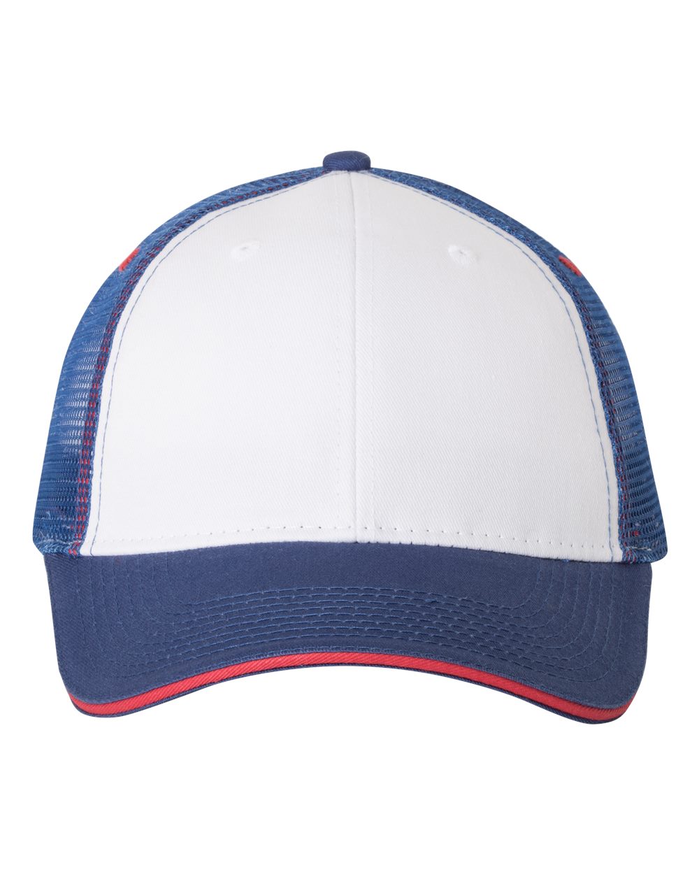 Front View of White/ Royal/ Red Sandwich Trucker Cap - S102