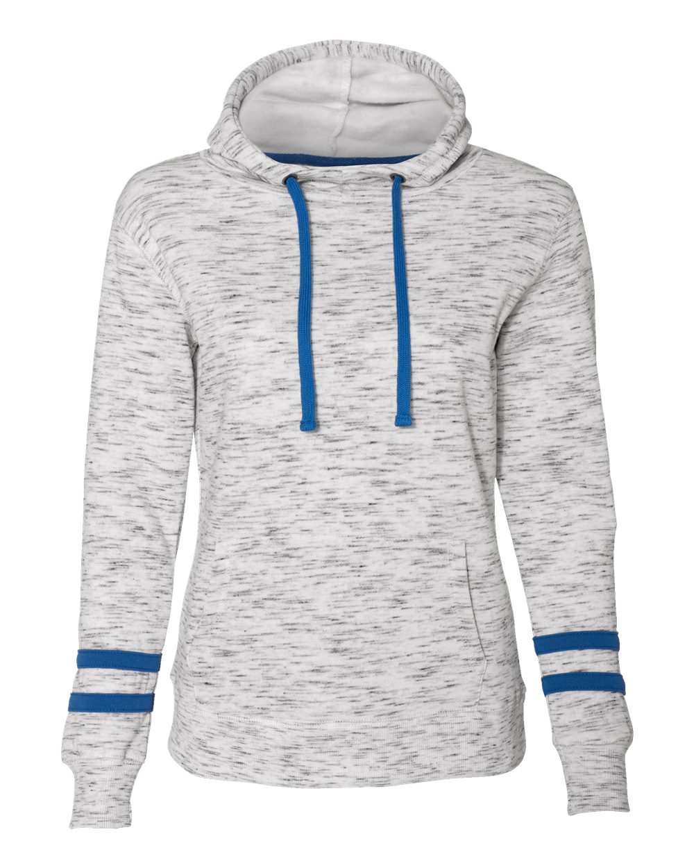 Front View of White/ Royal Women’s Mélange Fleece Striped-Sleeve Hooded Sweatshirt - 8674