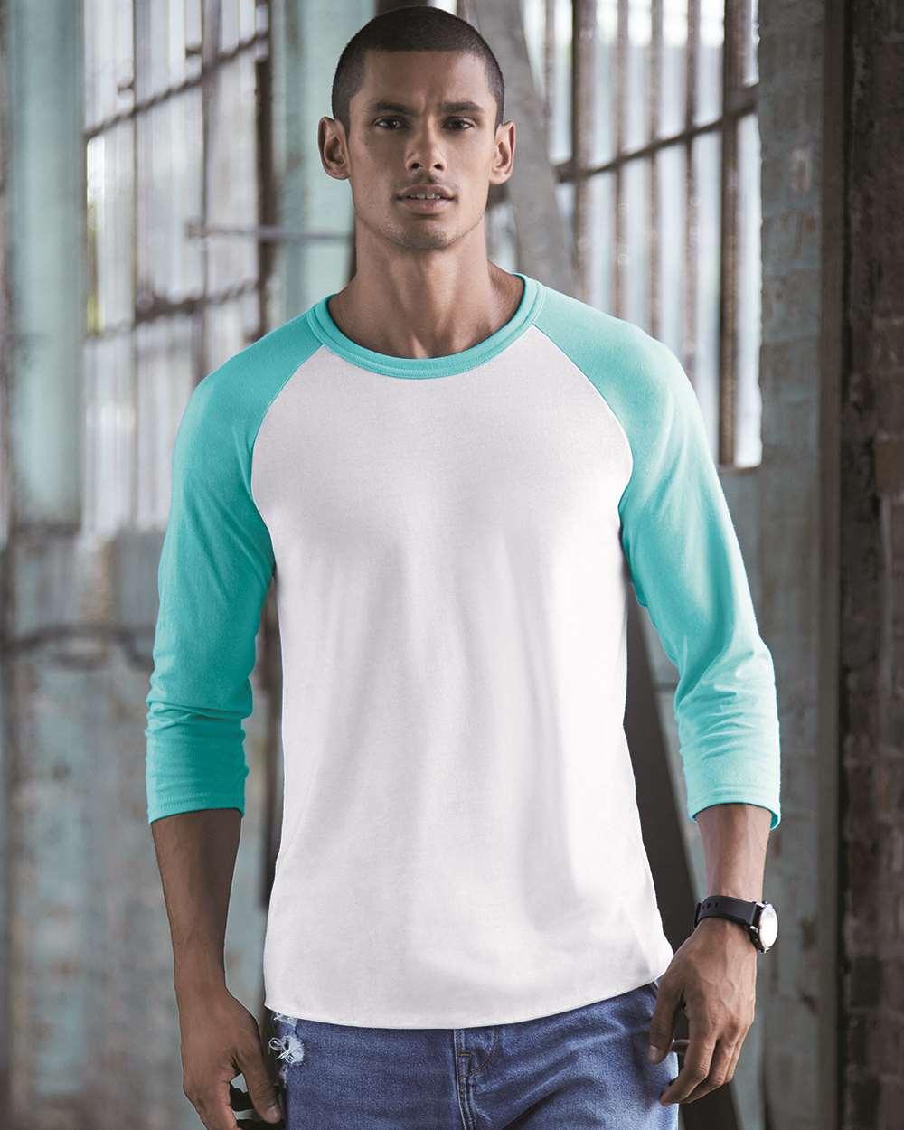 Front View of White/ Scuba Blue Premium Blend Ringspun Three-Quarter Sleeve Raglan Baseball T-Shirt - 560RR
