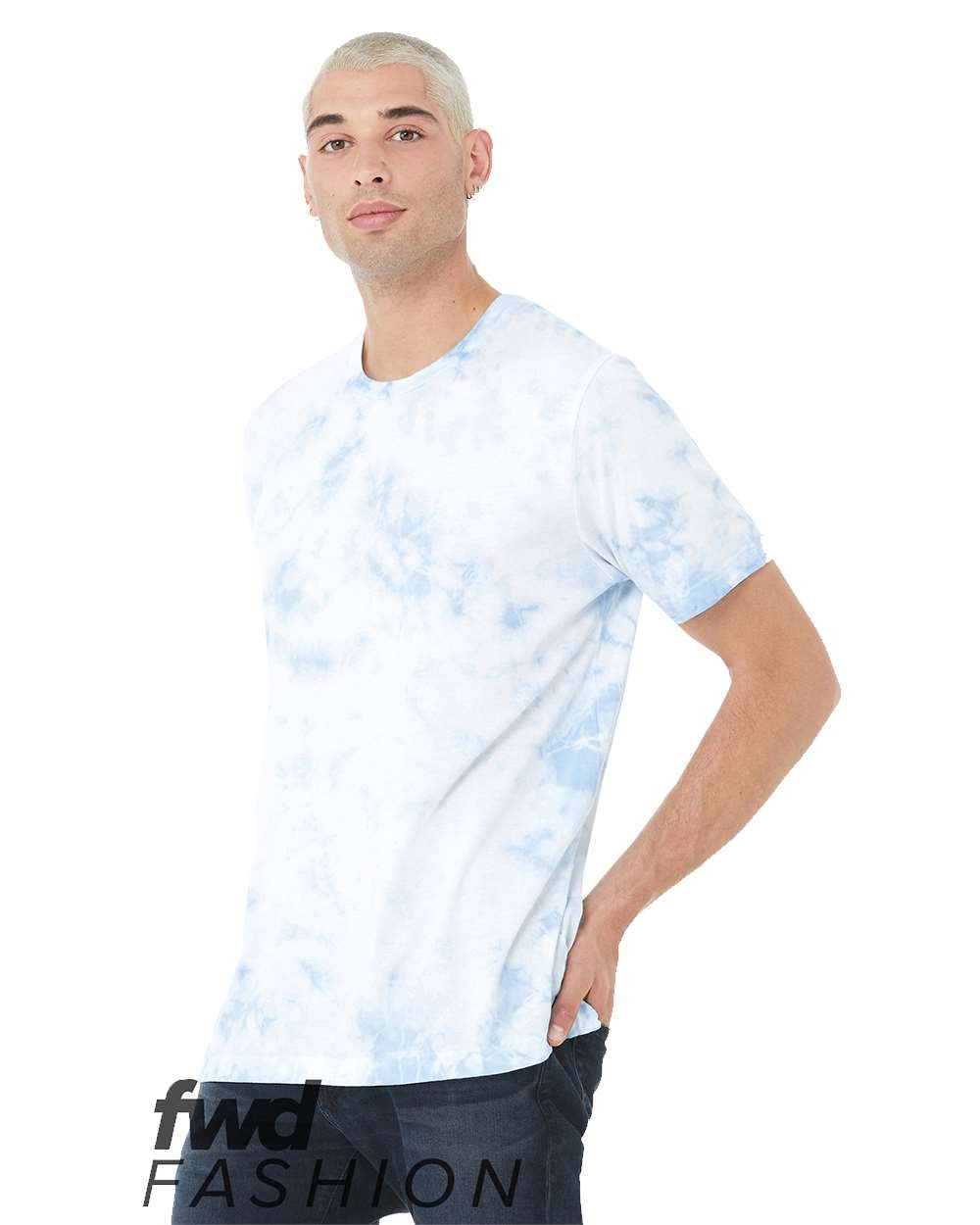 Front View of White/ Sky Blue FWD Fashion Tie-Dyed Tee - 3100RD