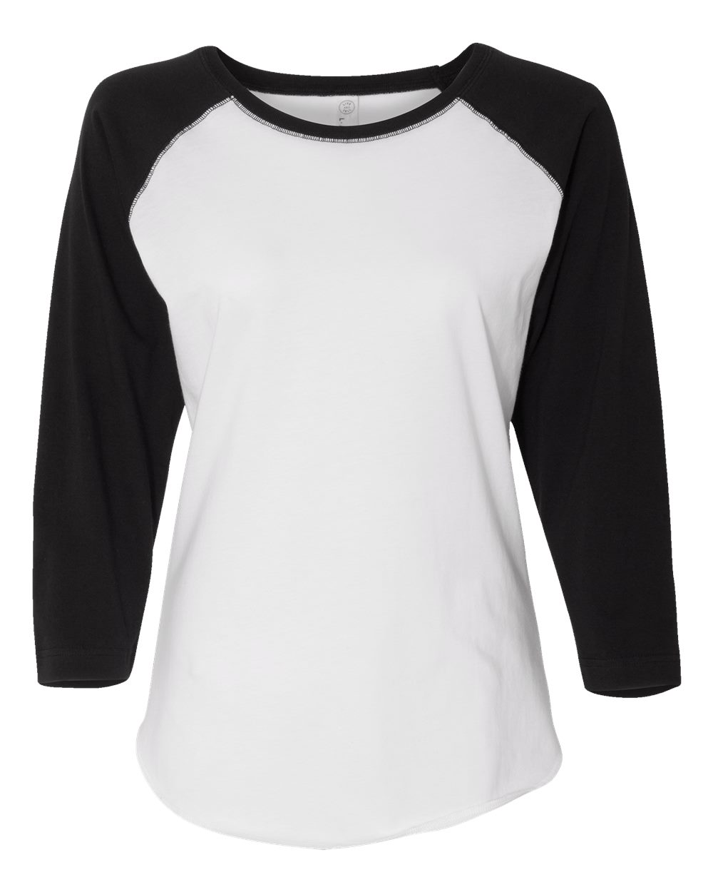 Front View of White Solid/ Black Women's Baseball Fine Jersey Three-Quarter Sleeve Tee - 3530