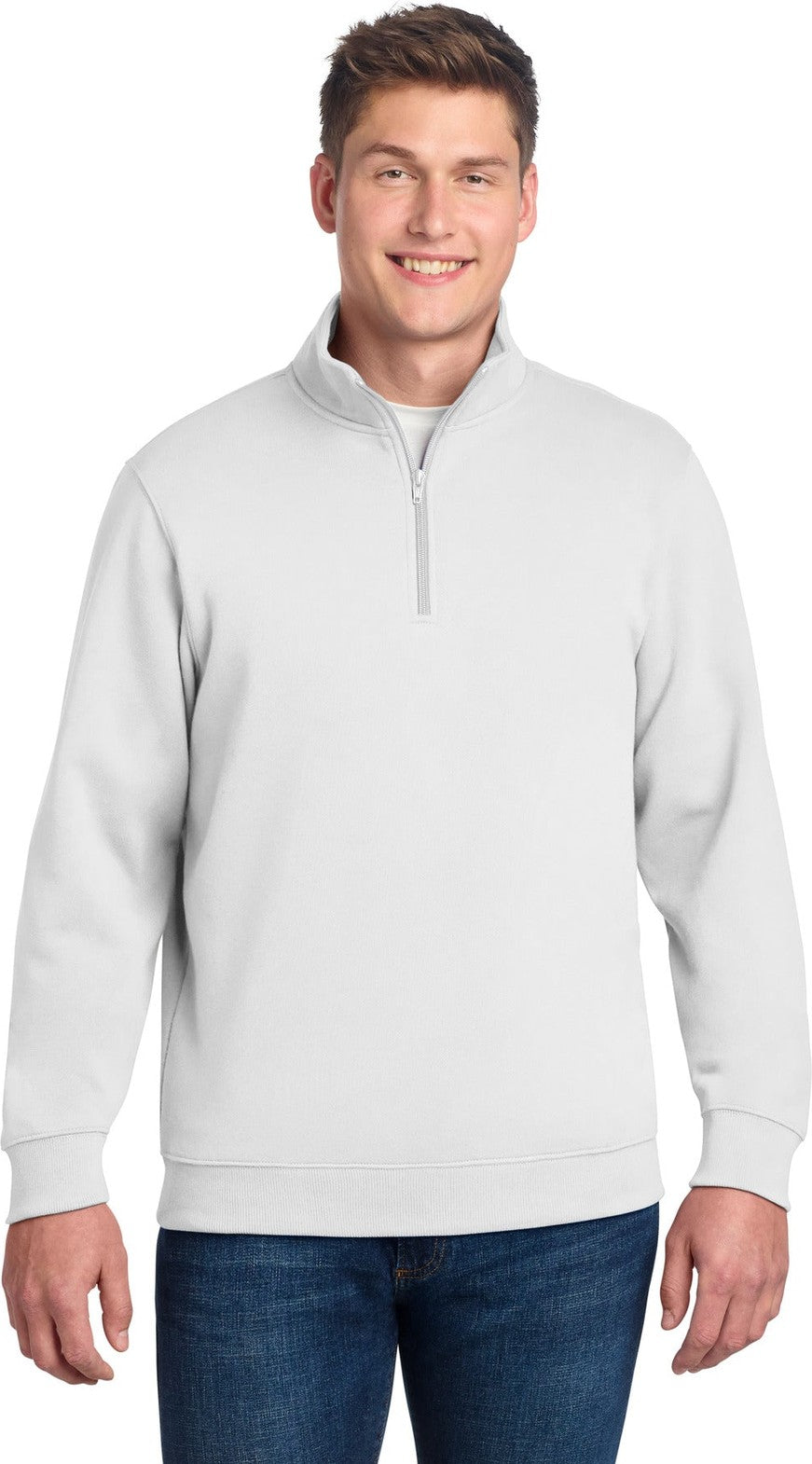 Front View of White Sport-Tek 1/4-Zip Sweatshirt. ST253