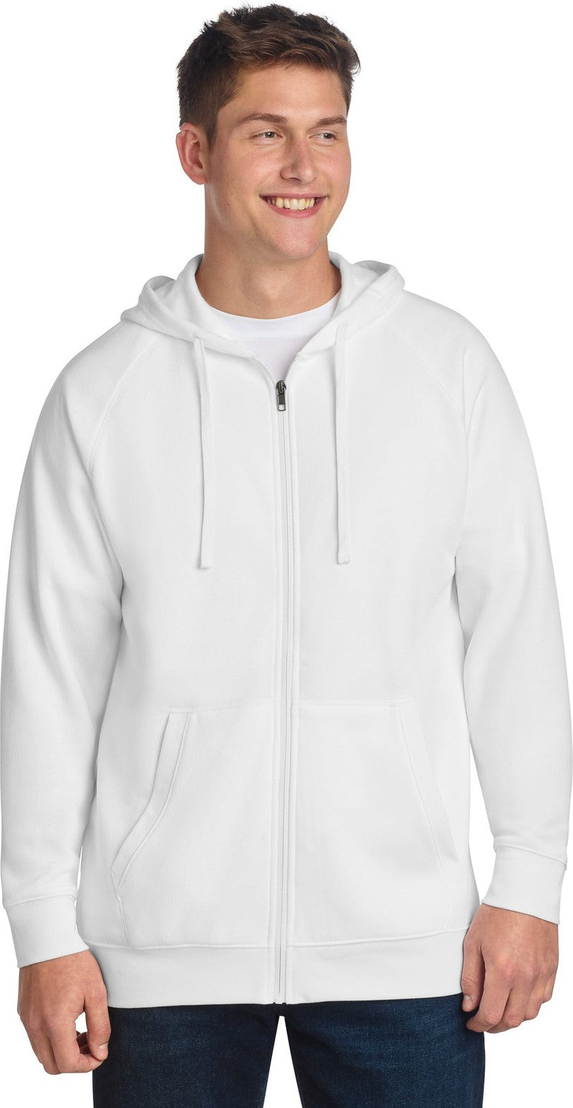 Front View of White Sport-Tek Drive Fleece Hooded Full-Zip STF201