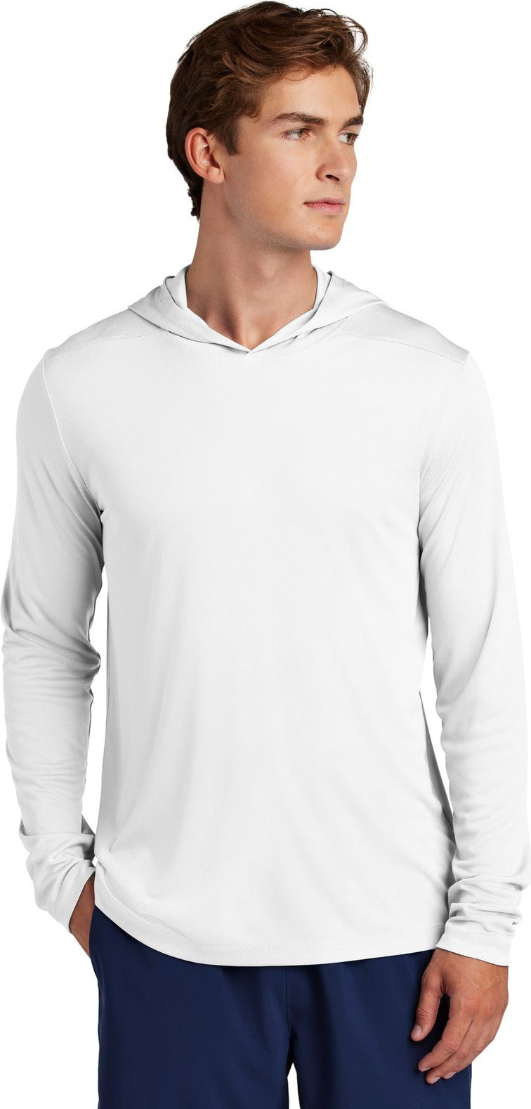 Front View of White Sport-Tek Posi-UV Pro Long Sleeve Hoodie ST420LSH