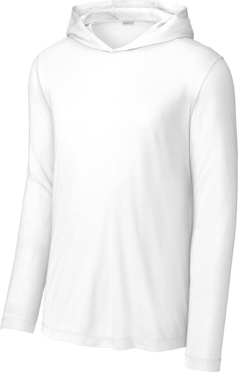 Front View of White Sport-Tek Posi-UV Pro Long Sleeve Hoodie ST420LSH