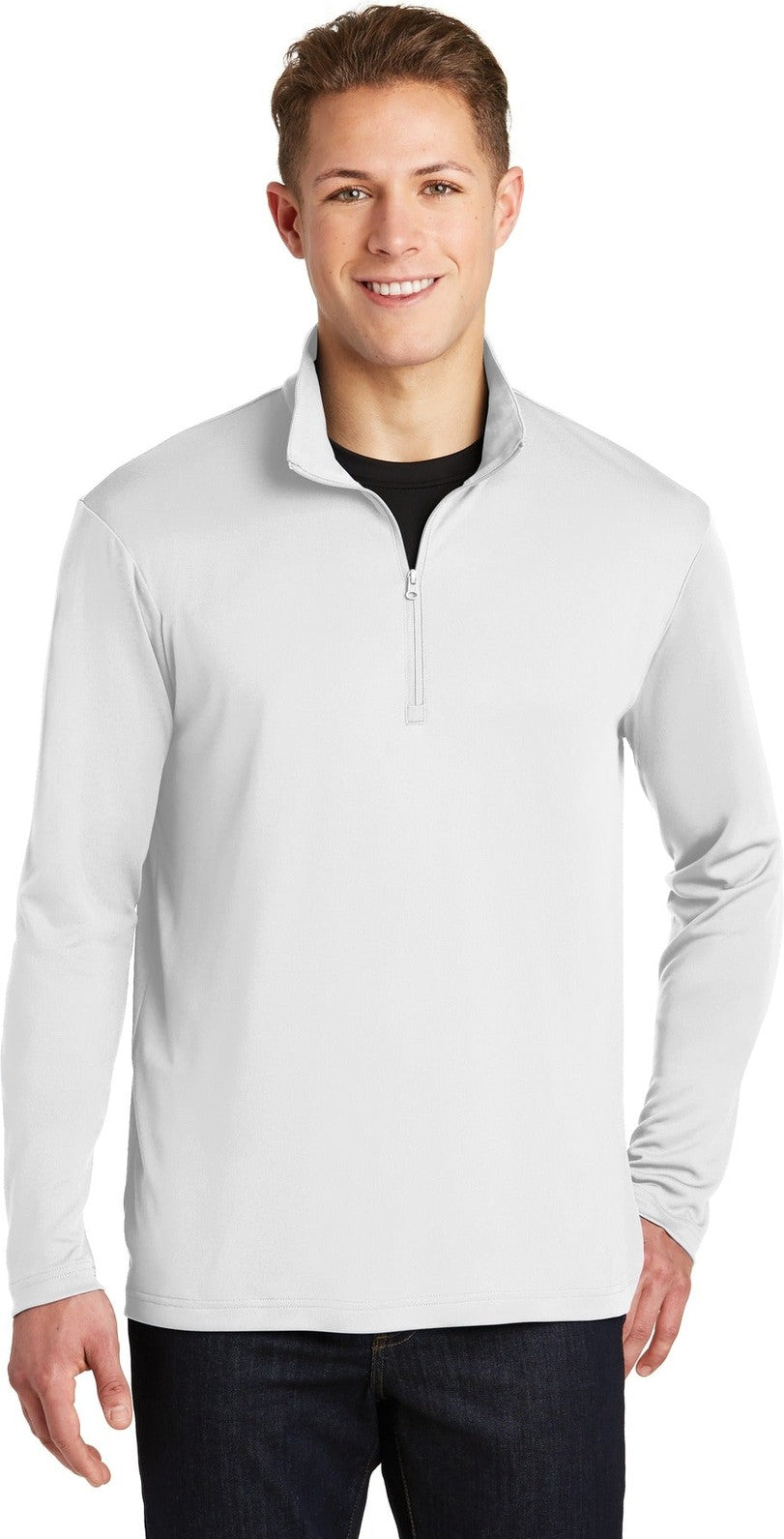 Front View of White Sport-Tek PosiCharge Competitor 1/4-Zip Pullover. ST357
