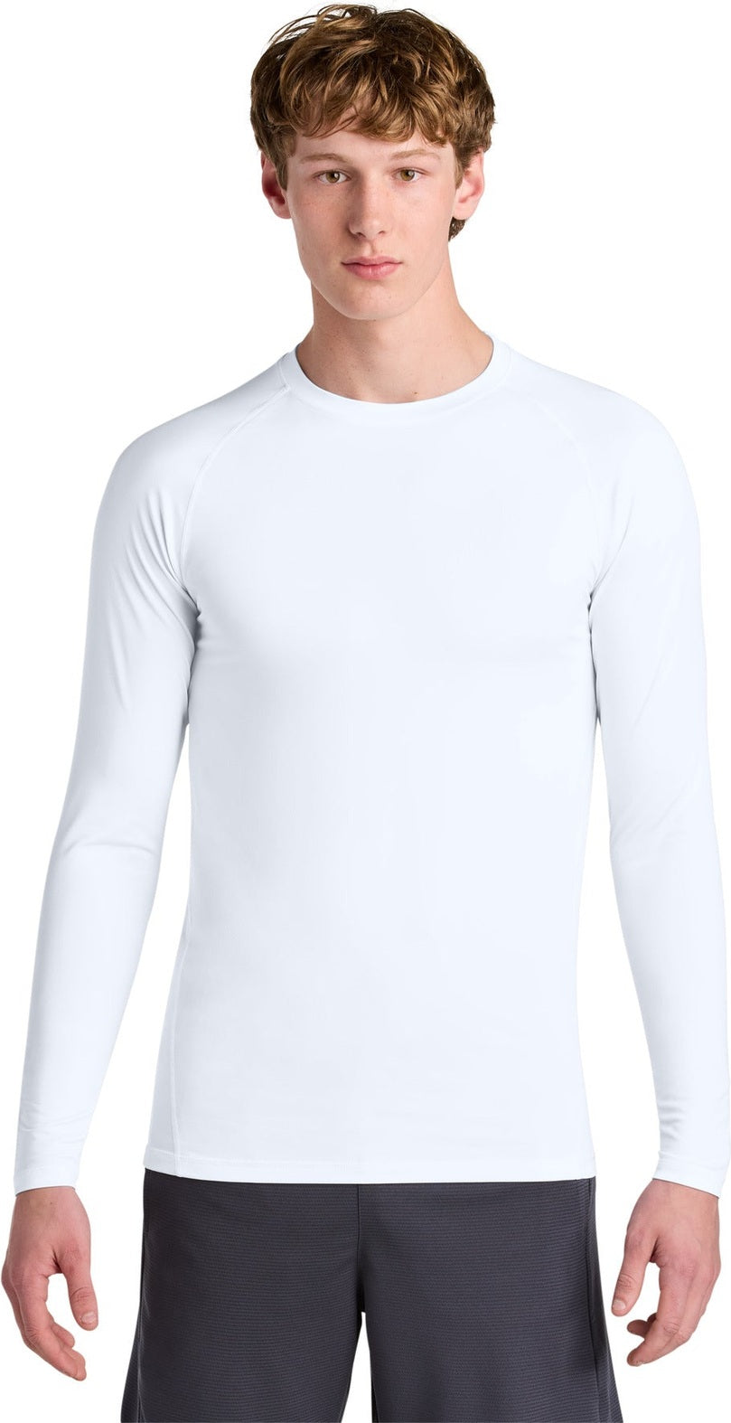Front View of White Sport-Tek PosiCharge Compression Long Sleeve Tee ST120LS