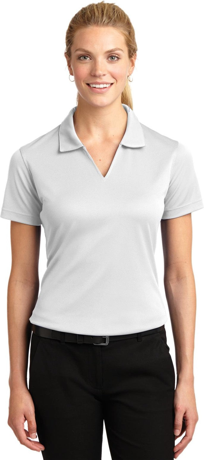 Front View of White Sport-Tek Women's Dri-Mesh V-Neck Polo. L469