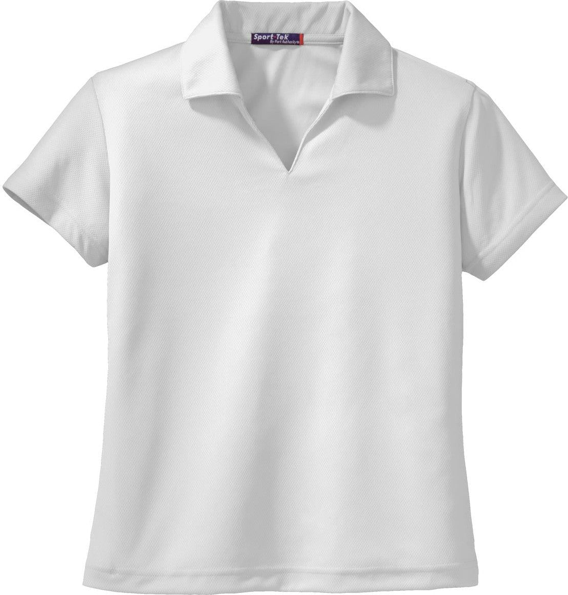 Front View of White Sport-Tek Women's Dri-Mesh V-Neck Polo. L469