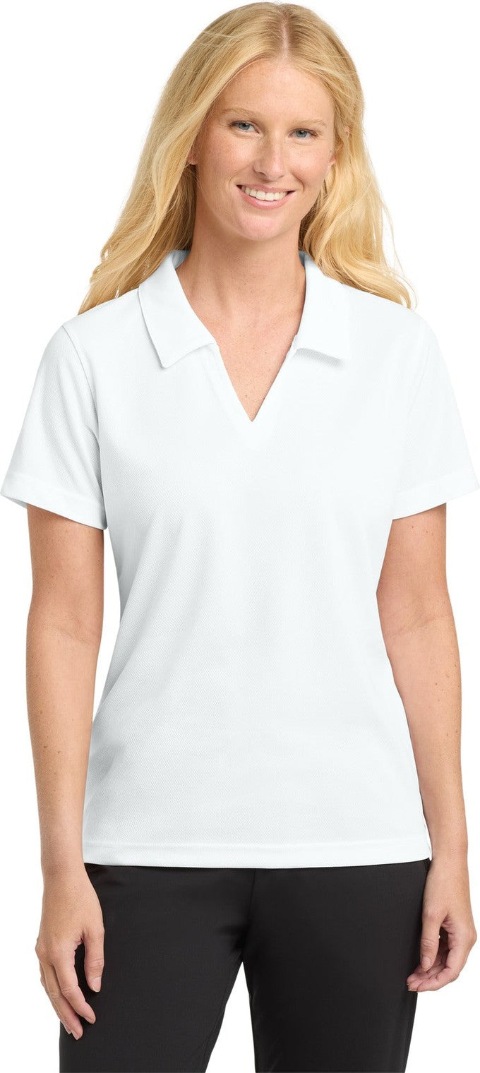 Front View of White Sport-Tek Women's Dri-Mesh V-Neck Polo. L469