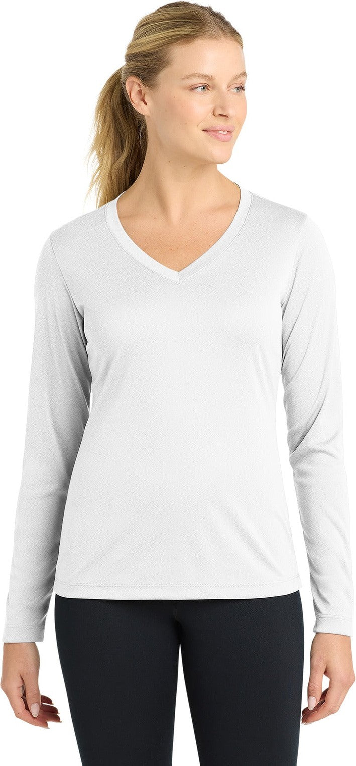 Front View of White Sport-Tek Women's Long Sleeve PosiCharge Competitor V-Neck Tee. LST353LS