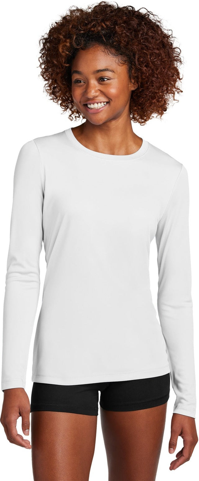 Front View of White Sport-Tek Women's Posi-UV Pro Long Sleeve LST420LS
