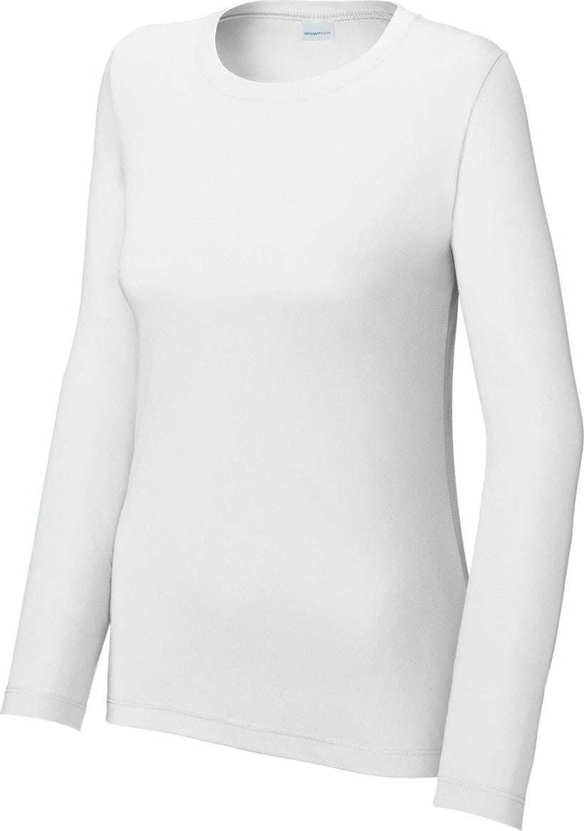 Front View of White Sport-Tek Women's Posi-UV Pro Long Sleeve LST420LS
