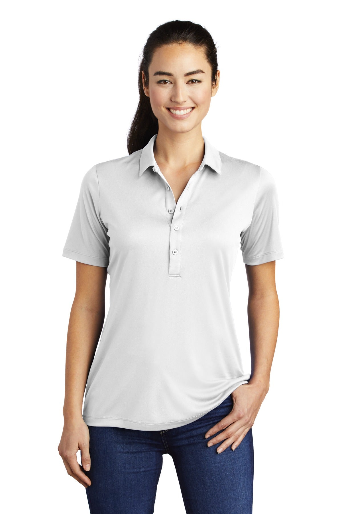 Front View of White Sport-Tek Women's Posi-UV Pro Polo. LST520