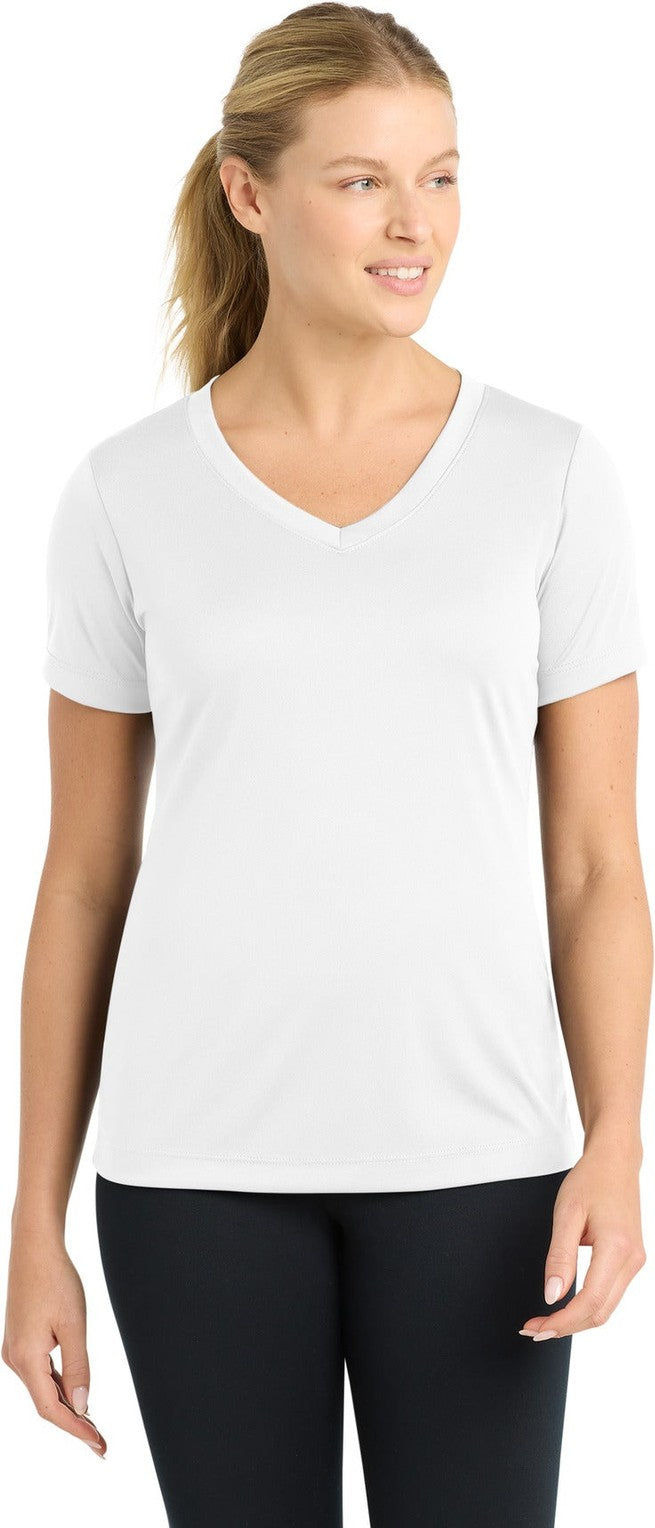 Front View of White Sport-Tek Women's PosiCharge Competitor V-Neck Tee. LST353