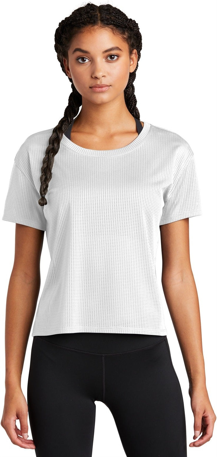 Front View of White Sport-Tek Women's PosiCharge Draft Crop Tee. LST411