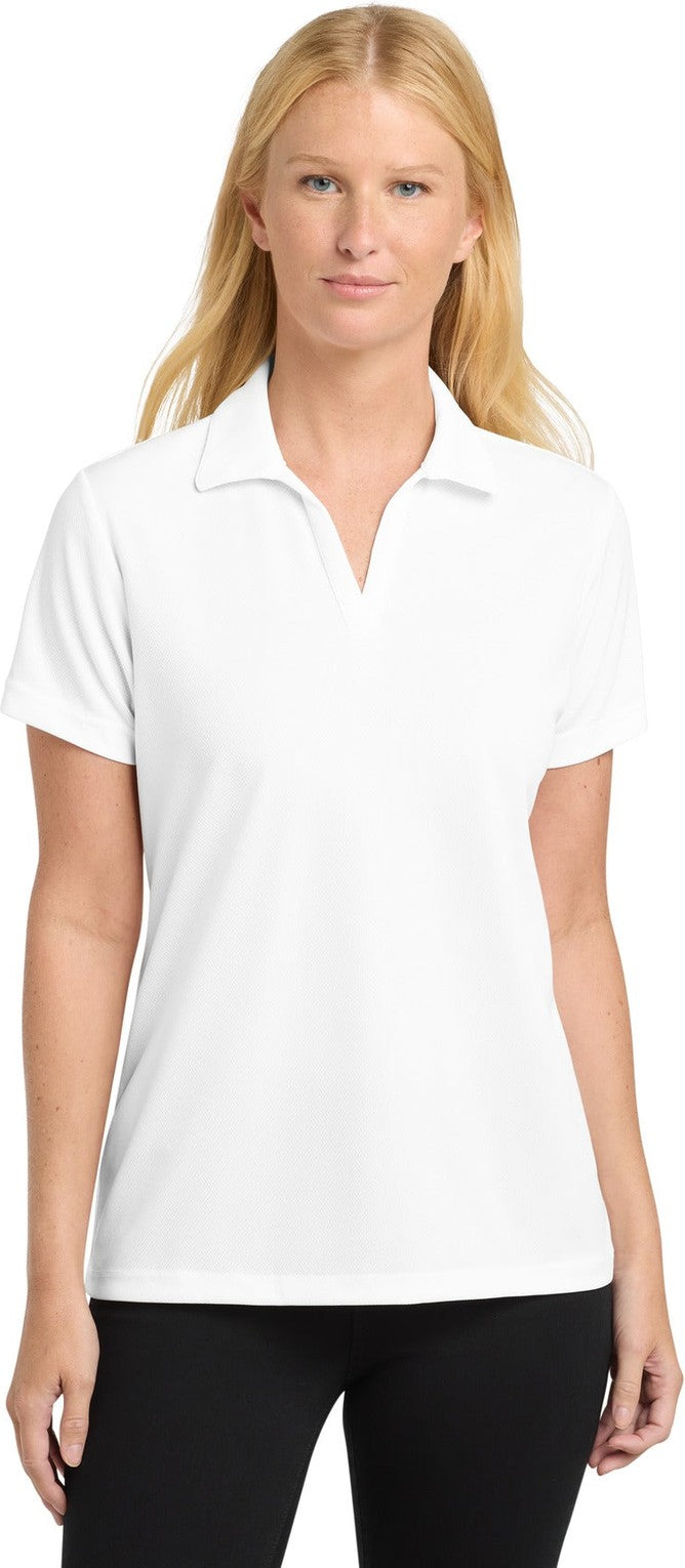 Front View of White Sport-Tek Women's PosiCharge RacerMesh Polo. LST640