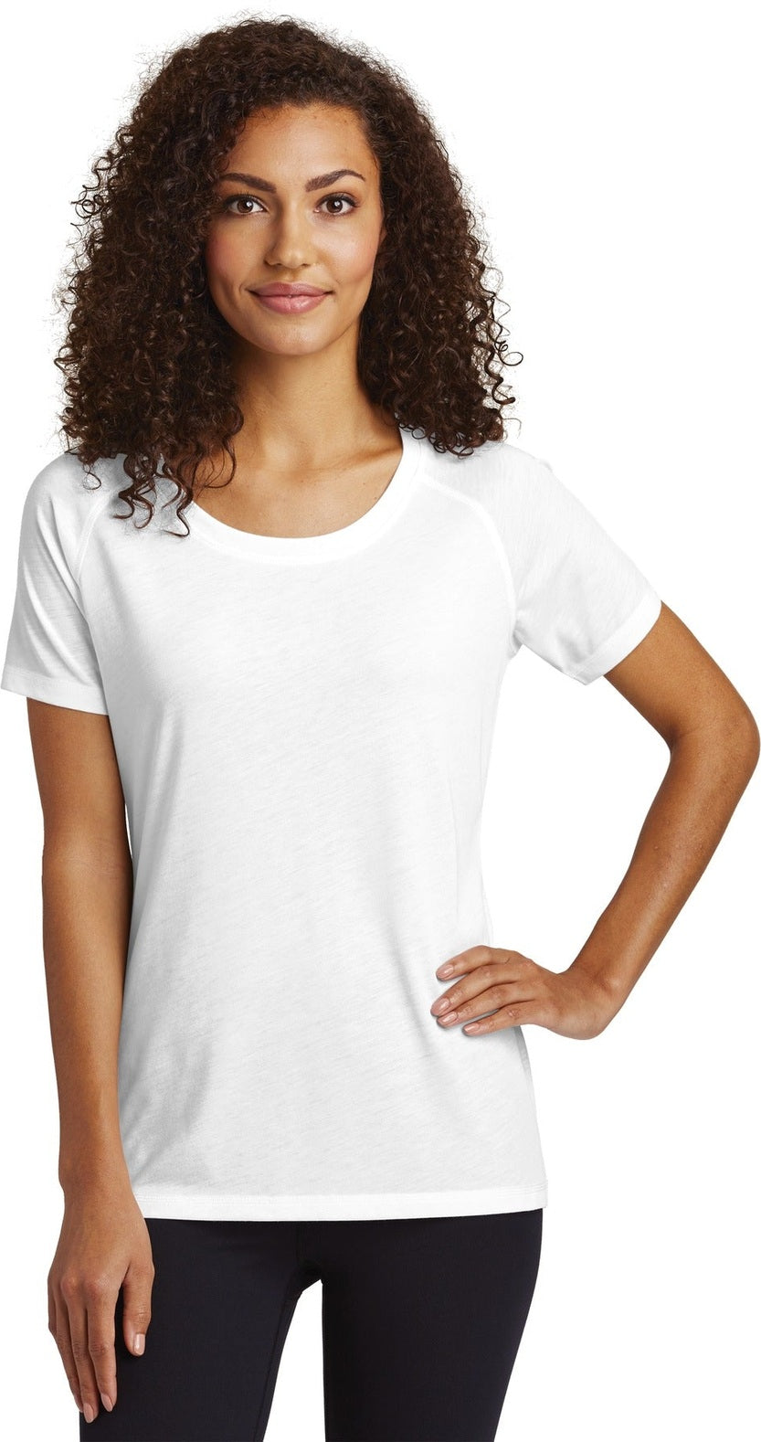 Front View of White Sport-Tek Women's PosiCharge Tri-Blend Wicking Scoop Neck Raglan Tee. LST400