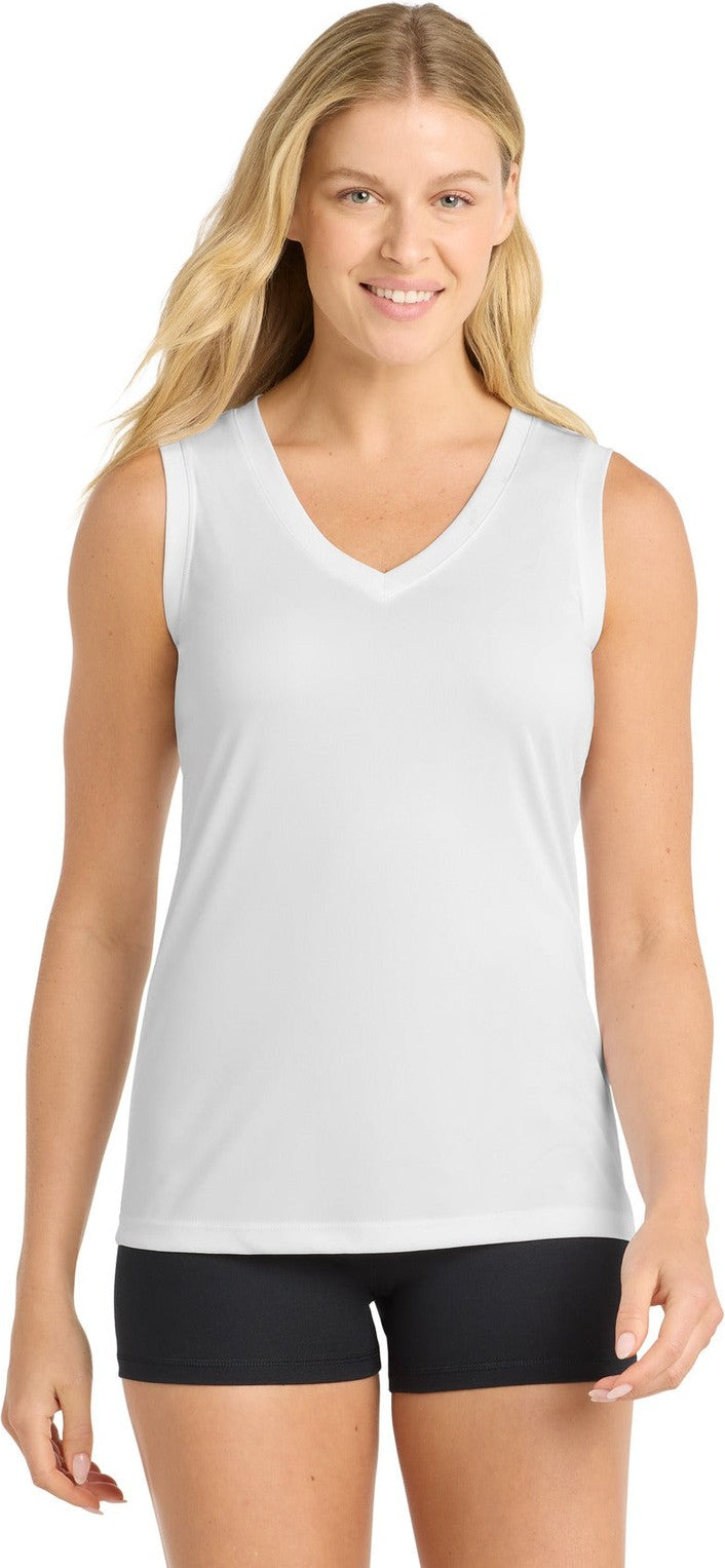 Front View of White Sport-Tek Women's Sleeveless PosiCharge Competitor V-Neck Tee. LST352