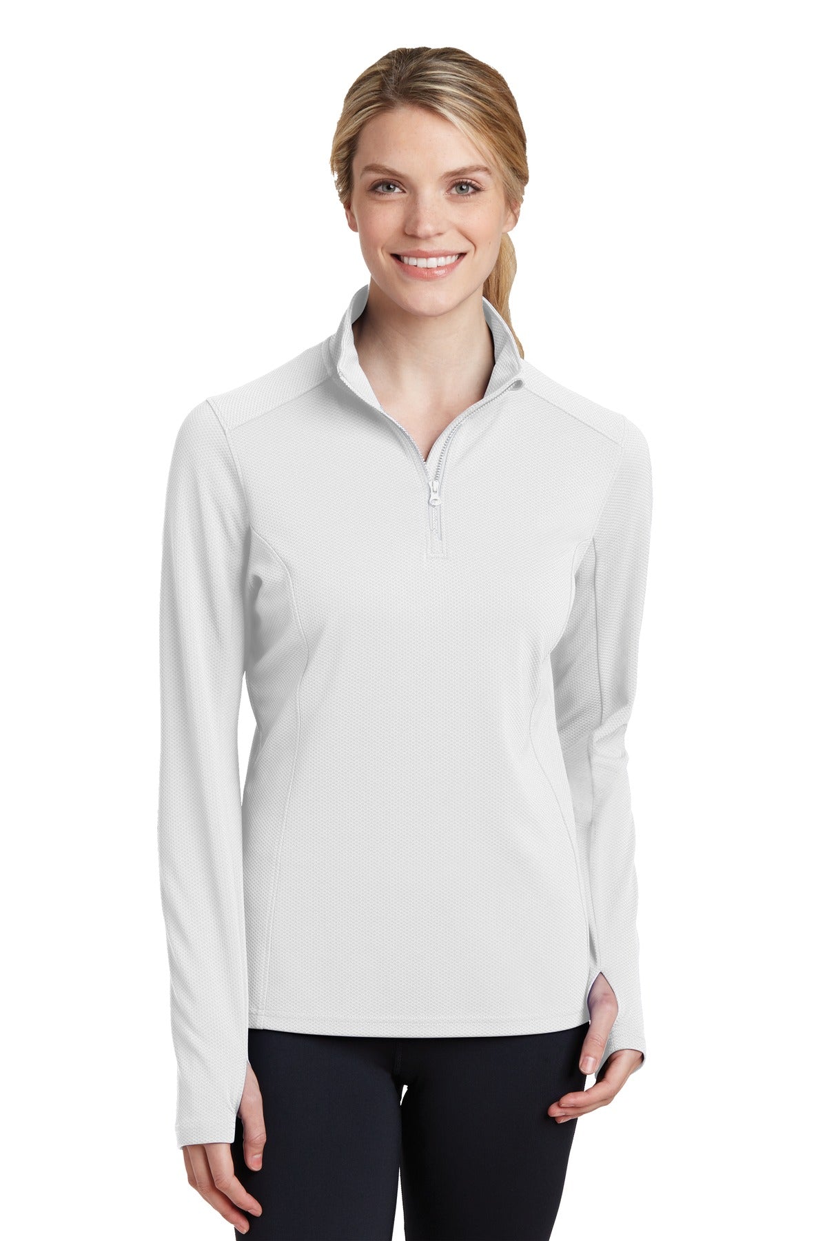 Front View of White Sport-Tek Women's Sport-Wick Textured 1/4-Zip Pullover. LST860