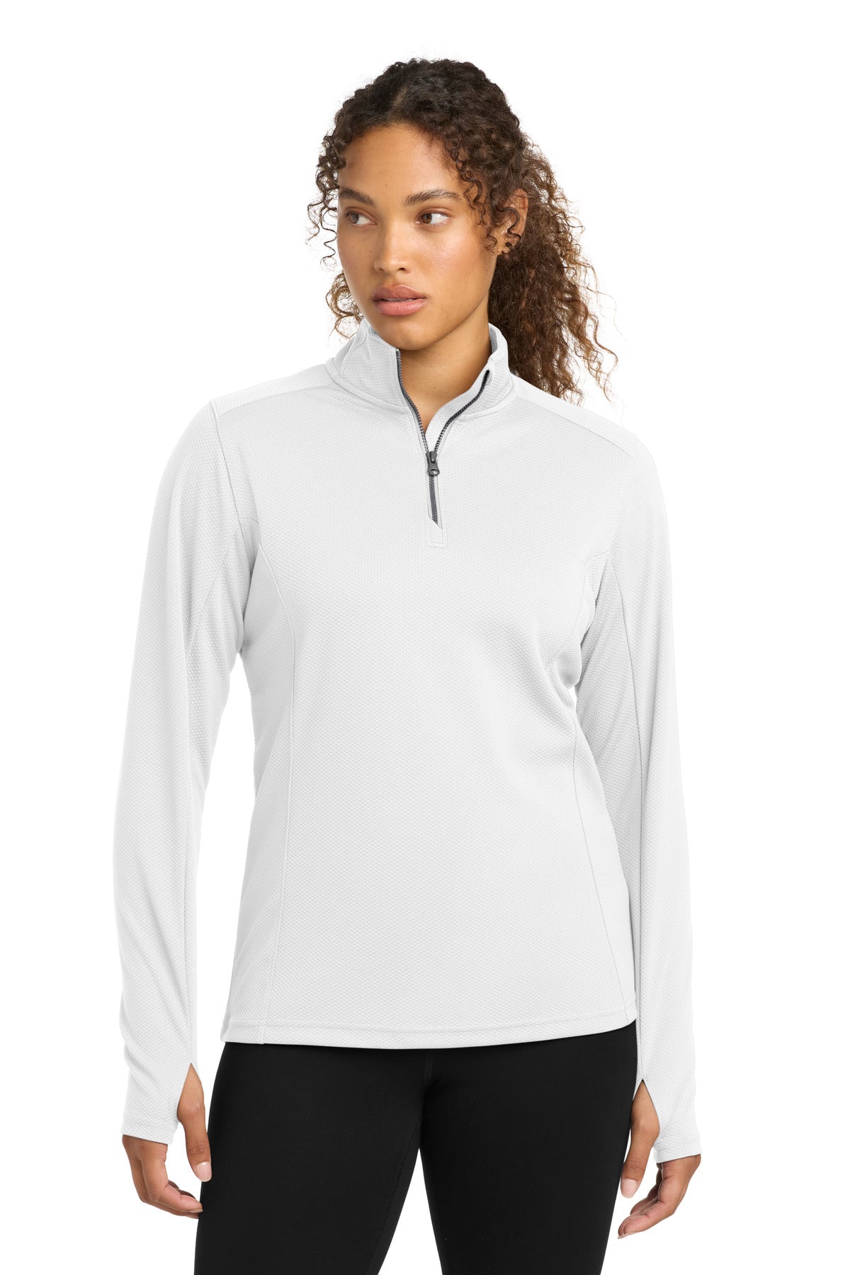 Front View of White Sport-Tek Women's Sport-Wick Textured 1/4-Zip Pullover. LST860