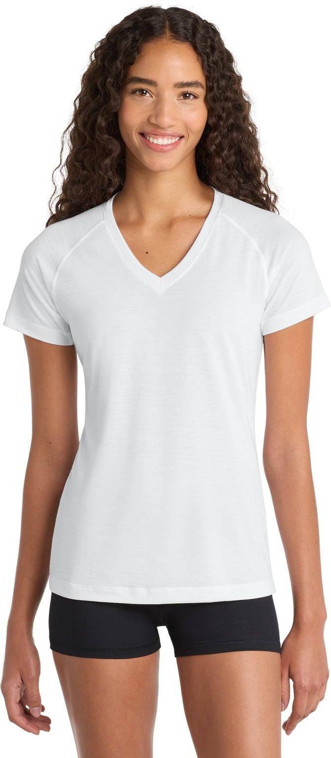 Front View of White Sport-Tek Women's Ultimate Performance V-Neck. LST700