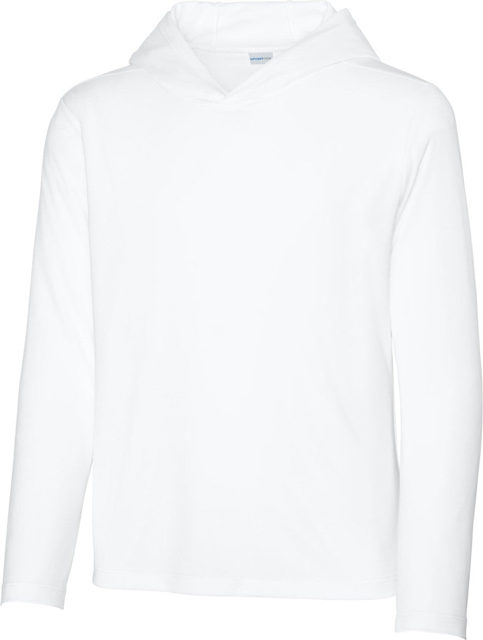 Front View of White Sport-Tek Youth Posi-UV Pro Long Sleeve Hoodie YST420LSH
