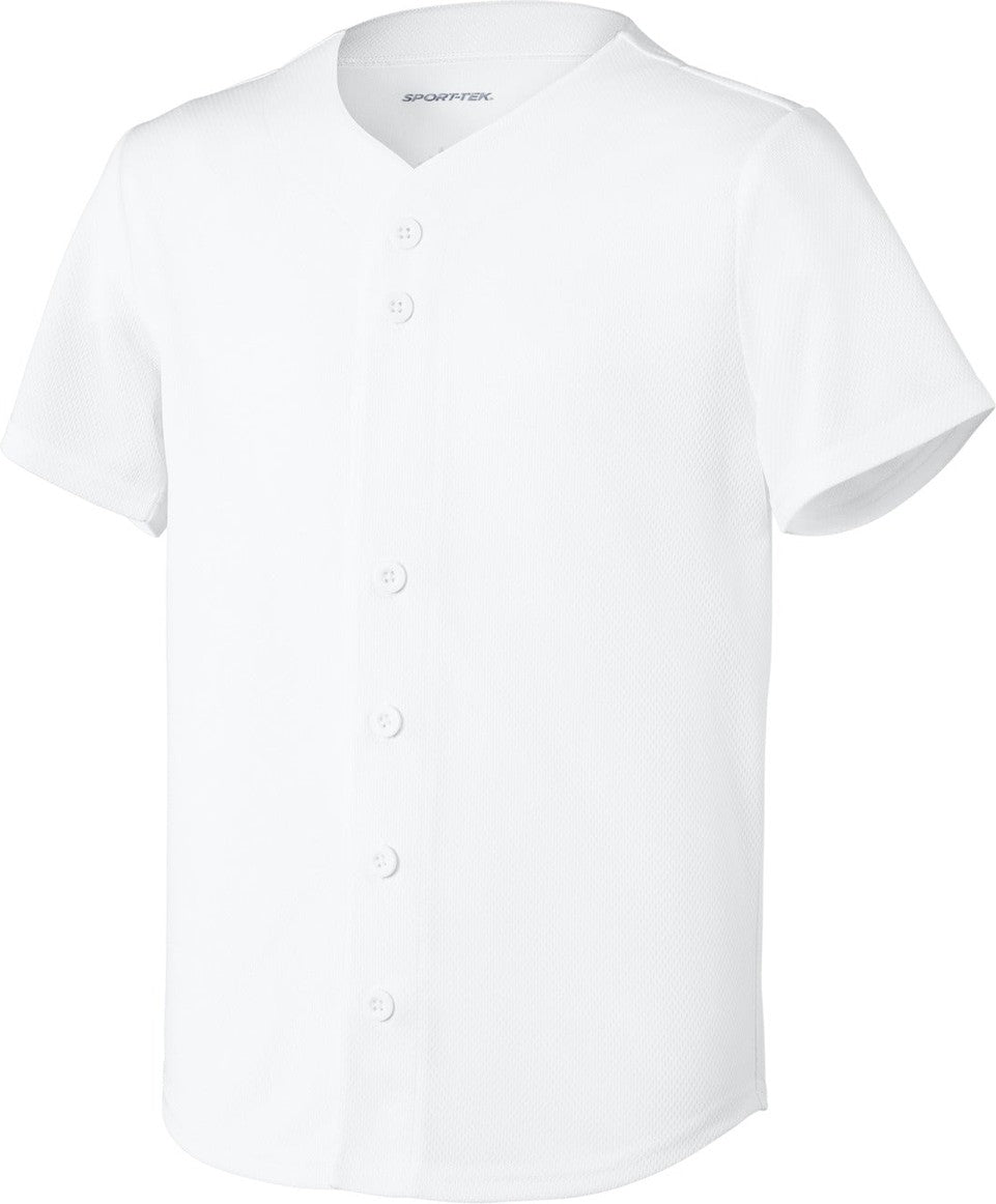 Front View of White Sport-Tek Youth PosiCharge Tough Mesh Full-Button Jersey YST220