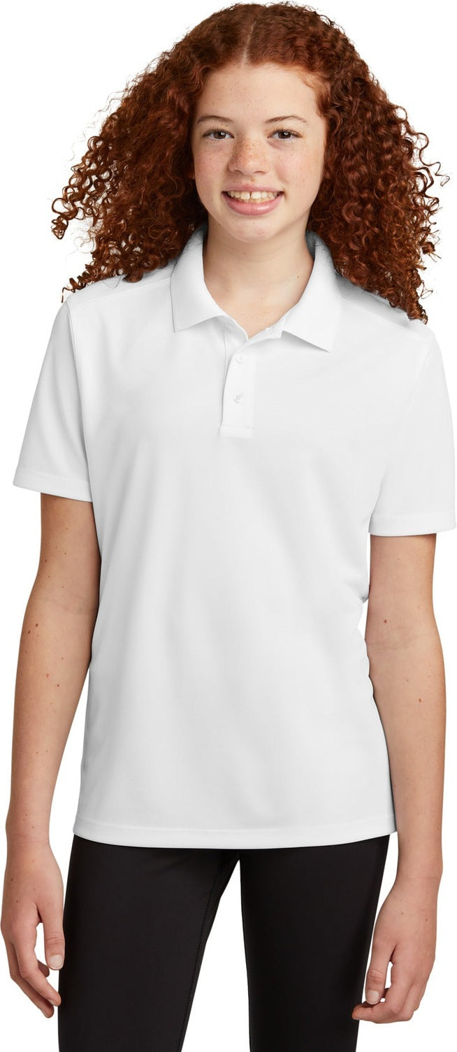 Front View of White Sport-Tek Youth UV Micropique Polo YST740