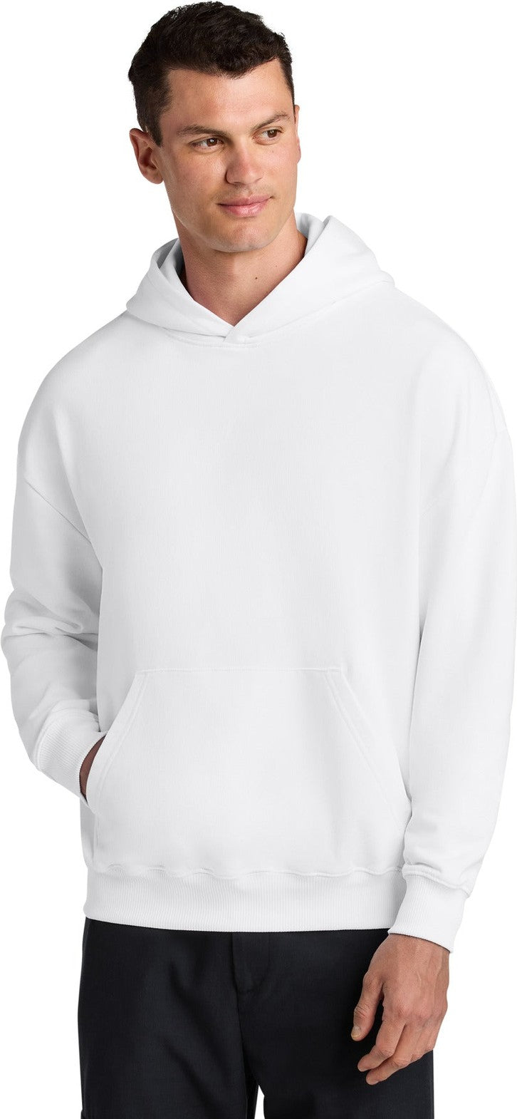 Front View of White Stanley/Stella Unisex Cooper Dry Hooded Sweatshirt SXU028