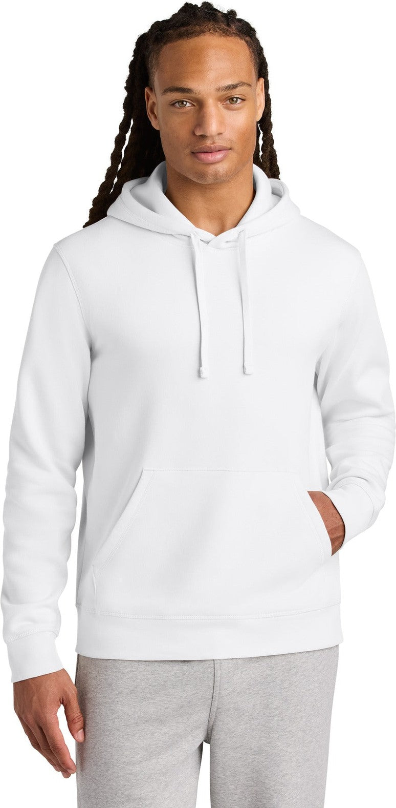 Front View of White Stanley/Stella Unisex Drummer 2.0 Hooded Sweatshirt SXU009