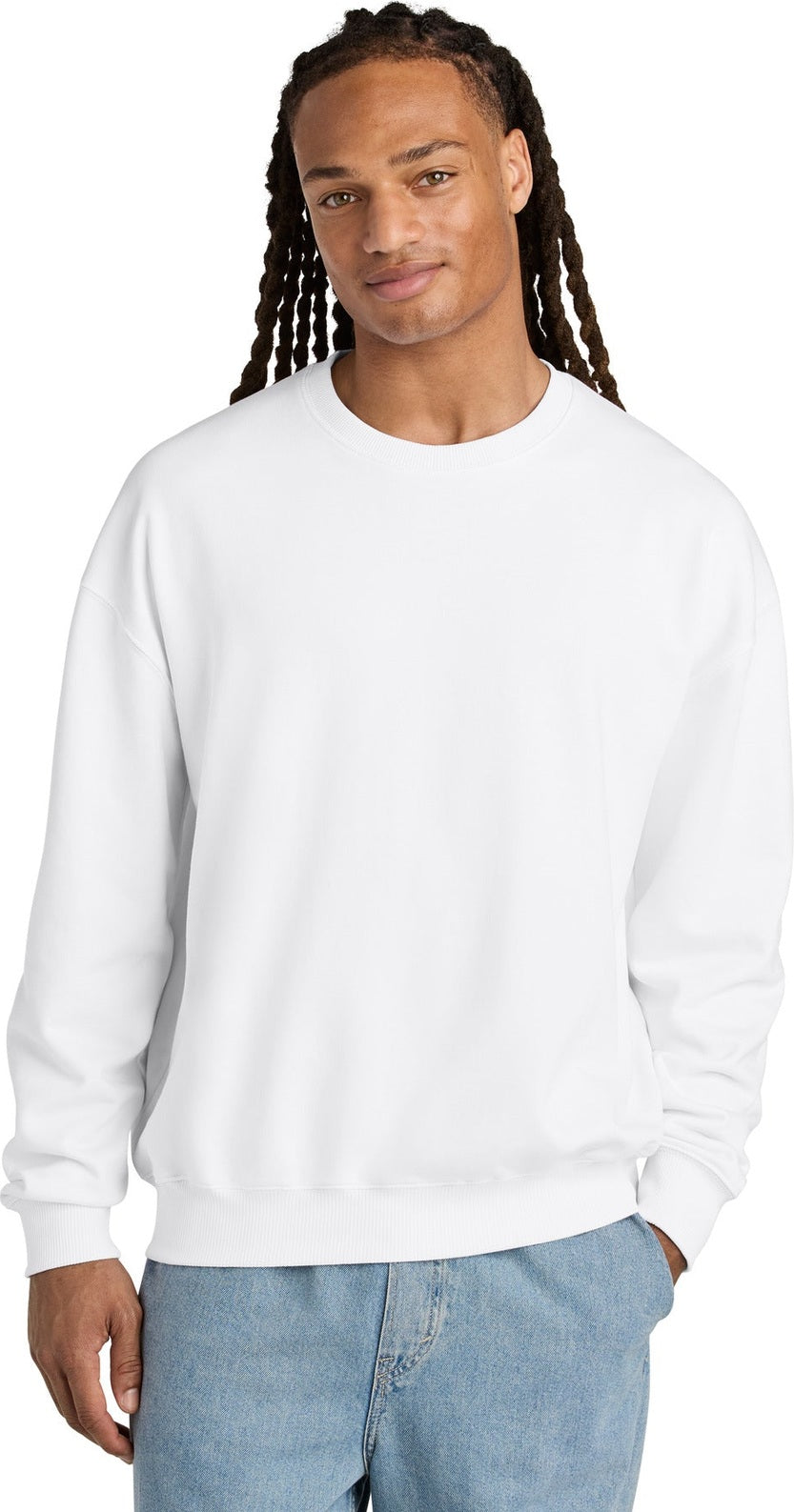 Front View of White Stanley/Stella Unisex Ledger Dry Crewneck Sweatshirt SXU029
