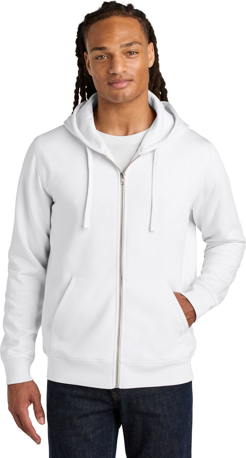 Front View of White Stanley/Stella Unisex Mixer Full-Zip Hooded Sweatshirt SXU011