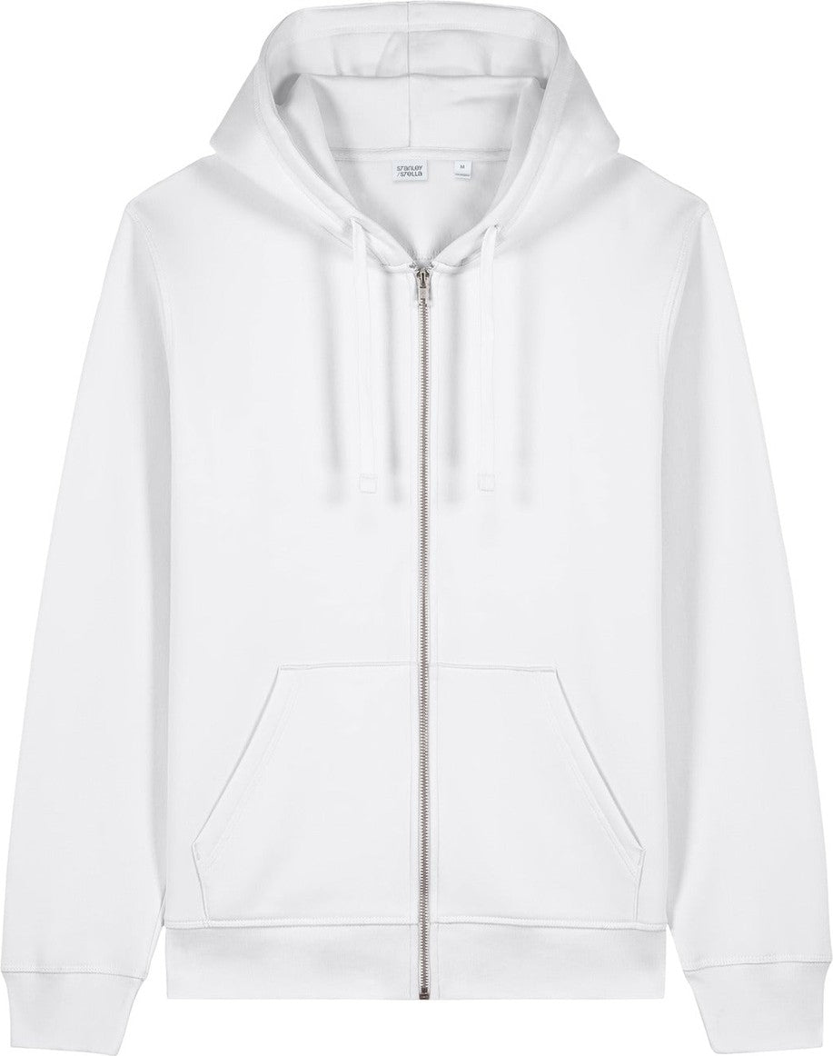 Front View of White Stanley/Stella Unisex Mixer Full-Zip Hooded Sweatshirt SXU011