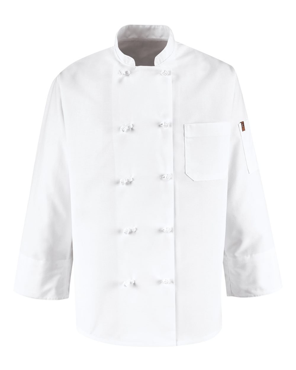 Front View of White Ten Knot Button Chef Coat - 0421