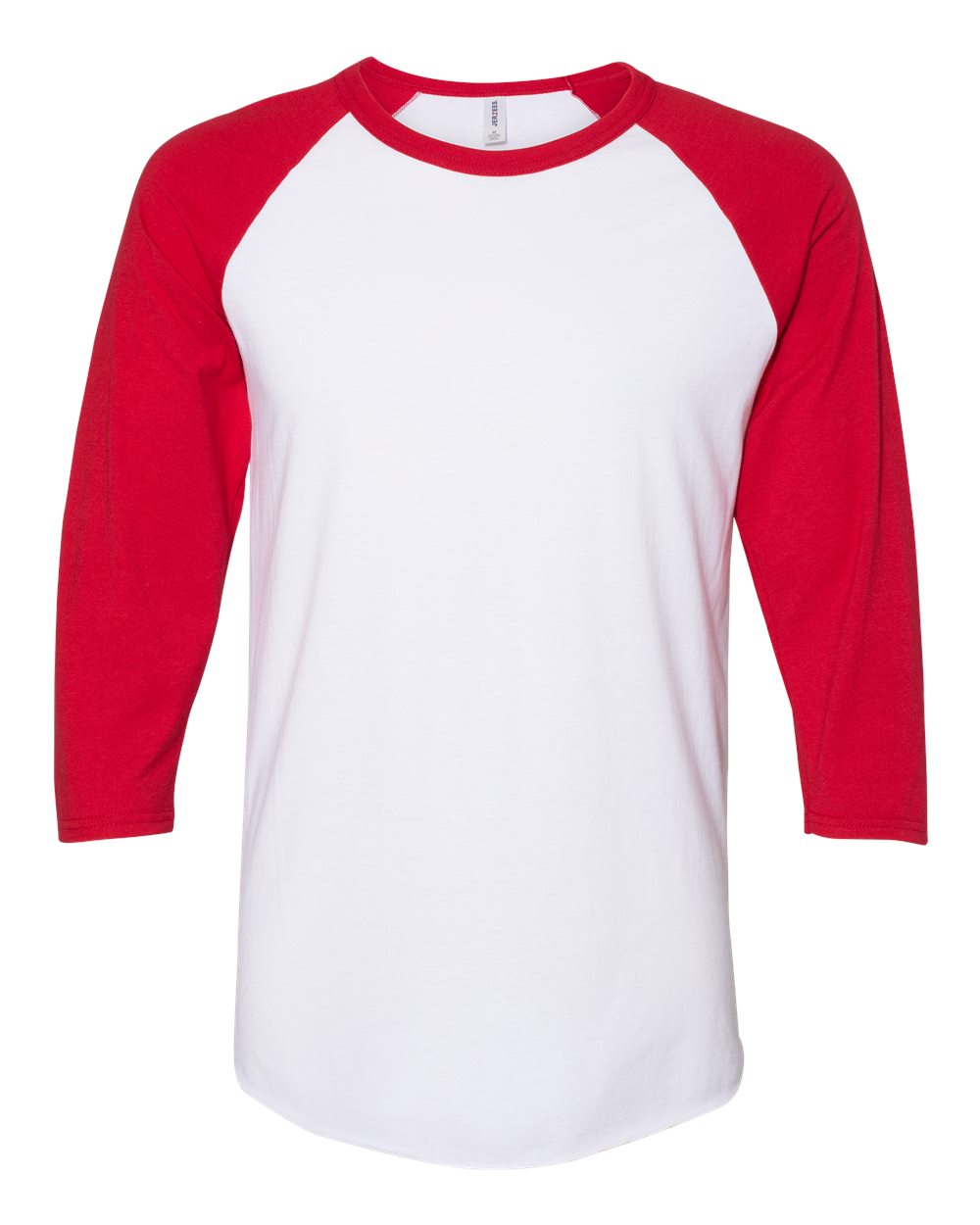 Front View of White/ True Red Premium Blend Ringspun Three-Quarter Sleeve Raglan Baseball T-Shirt - 560RR