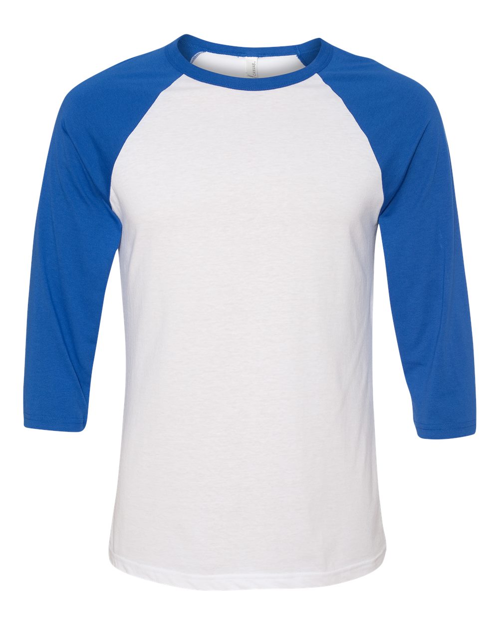 Front View of White/ True Royal Three-Quarter Sleeve Baseball Tee - 3200