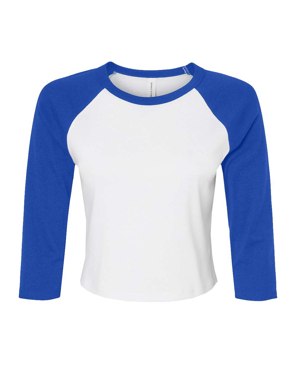 Front View of White/ True Royal Women's Micro Rib 3/4 Raglan Sleeve Baby Tee - 1200