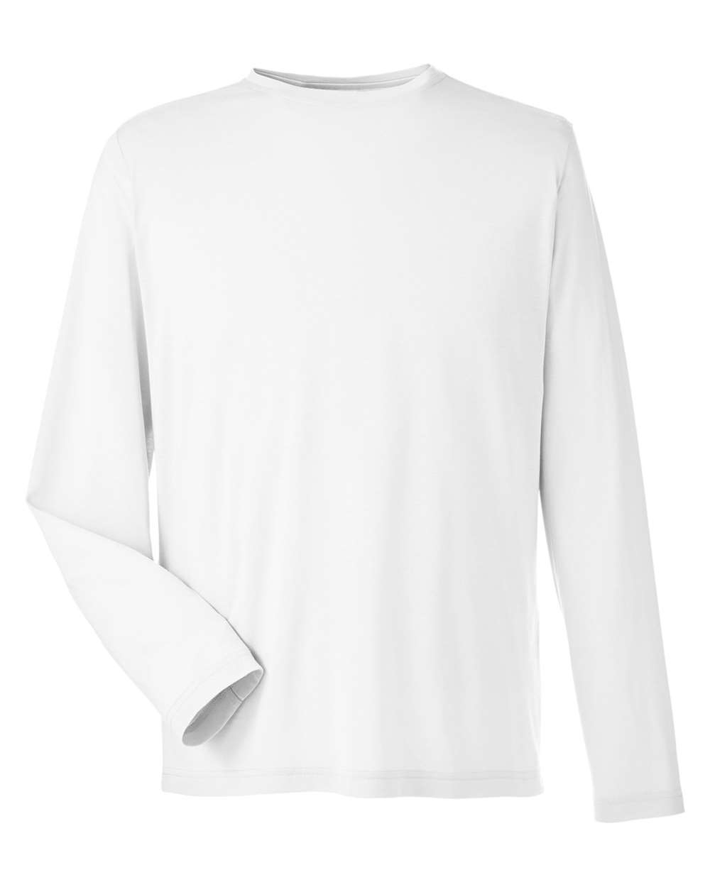 Front View of White Unisex Fusion ChromaSoft™ Performance Long Sleeve T-Shirt - CE111L